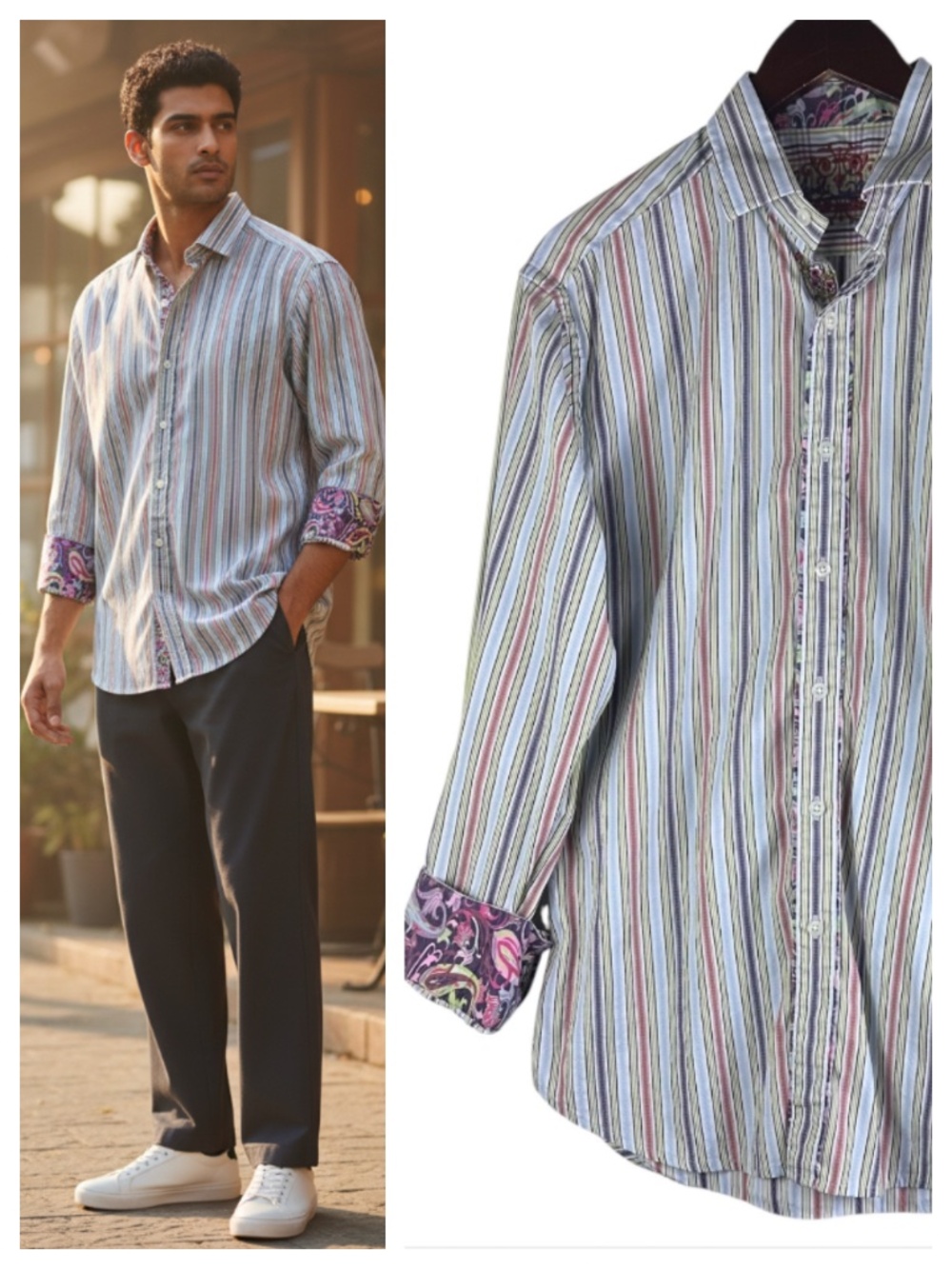 Robert Graham Mens Large Shirt Button Down Flip Cuff Striped Paisley Long Slv